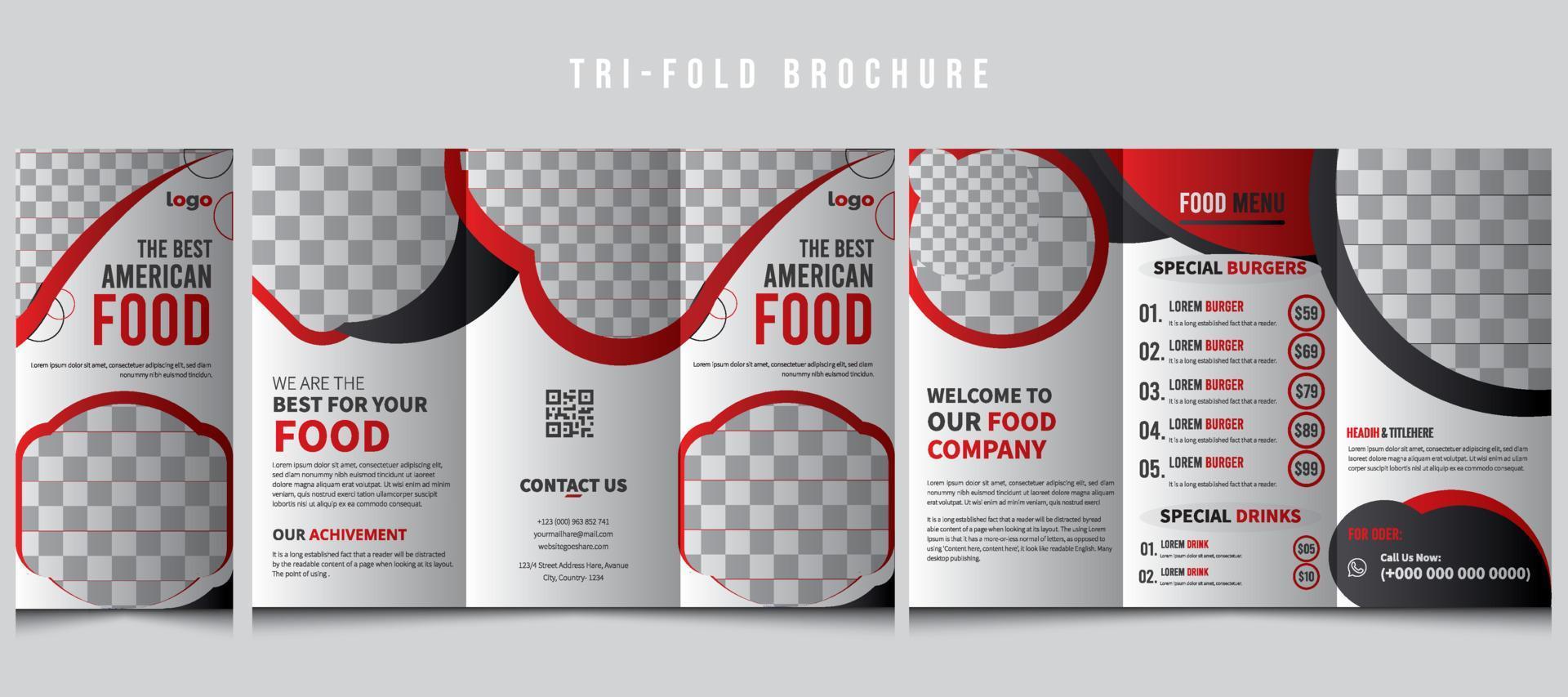 Tri-fold restaurant food menu pamphlet brochure design template, Fast-food healthy meal delicious food, dessert, vector tri-fold design in A4 size print-ready template, Food menu trifold brochure.