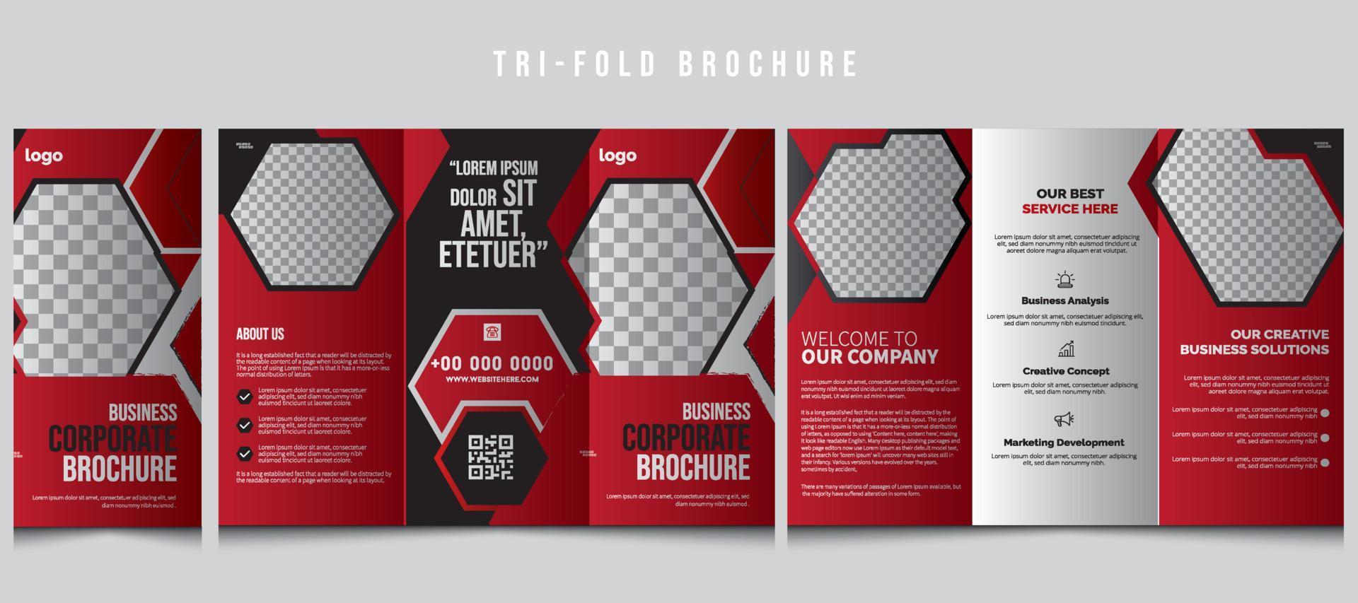 Tri-Fold Brochure Template, Brochure, Design Photography Portfolio trifold, vector template brochures, flyers, presentations, leaflet, magazine a4 size. Black and Red geometric elements trifold flyer.