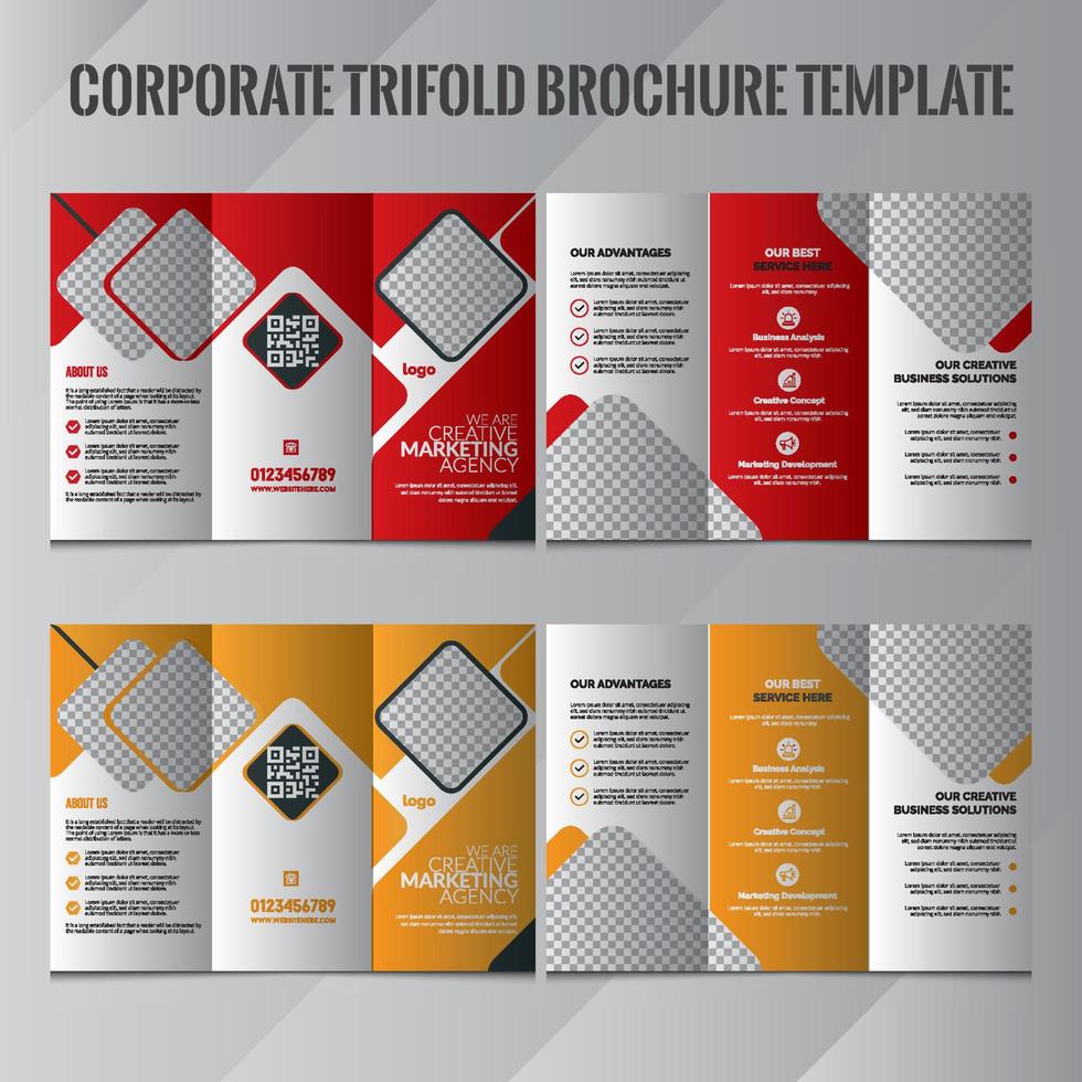 diseño de folleto tríptico. plantilla de negocio corporativo para volante tríptico con formas cuadradas de rombo. plantilla de diseño de folleto tríptico corporativo. diseño amarillo, rojo, negro.2 en una maqueta. vector