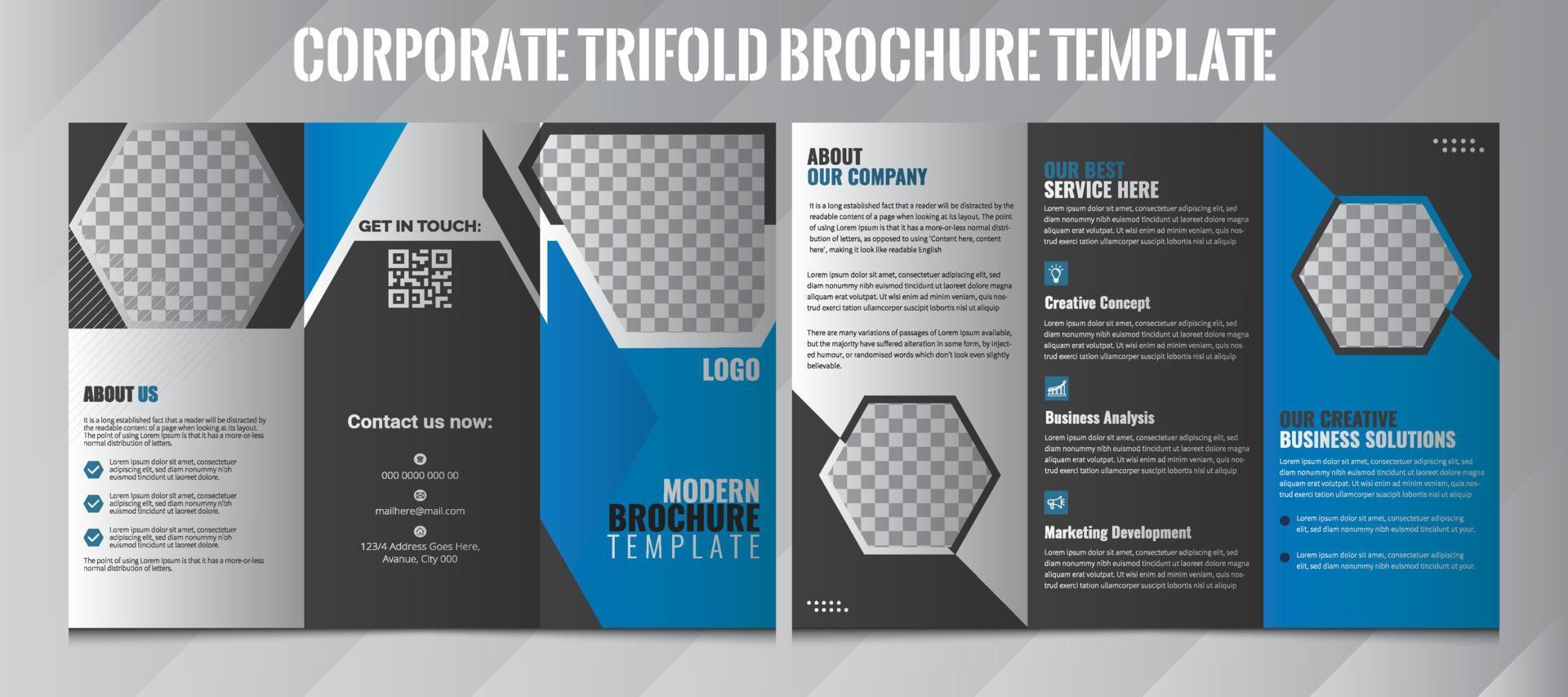Tri-fold brochure design. Corporate business template for tri-fold flyer with rhombus square shapes.Corporate Design Leaflet, Layout with modern elements, triangle photo, and abstract background. vector