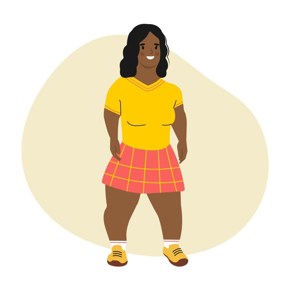 mujer afroamericana de tamaño insuficiente aislada sobre fondo blanco. chica enana. cuerpo positivo movimiento y belleza diversidad, igualdad, inclusión. ilustración vectorial aislada. vector