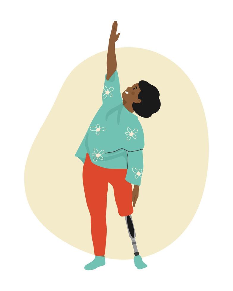 African american Disabled girl living full life. A Woman doing Yoga thanks to a modern Prosthesis. People with Disabilities, Prosthesis, amputation, inclusion. Vector illustration.