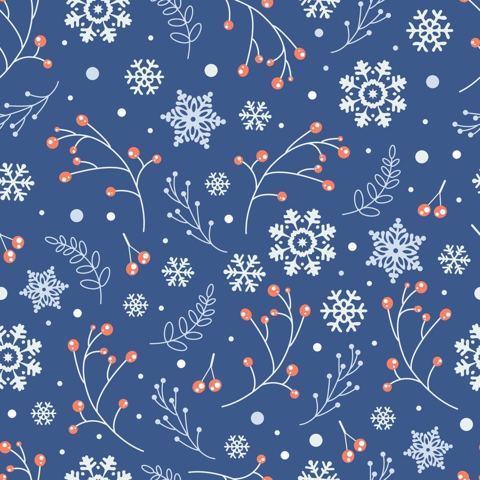 Winter Seamless vector Pattern with branches, leaves, Berries and Snowflakes. For your Christmas design. Merry Christmas, Happy New Year.