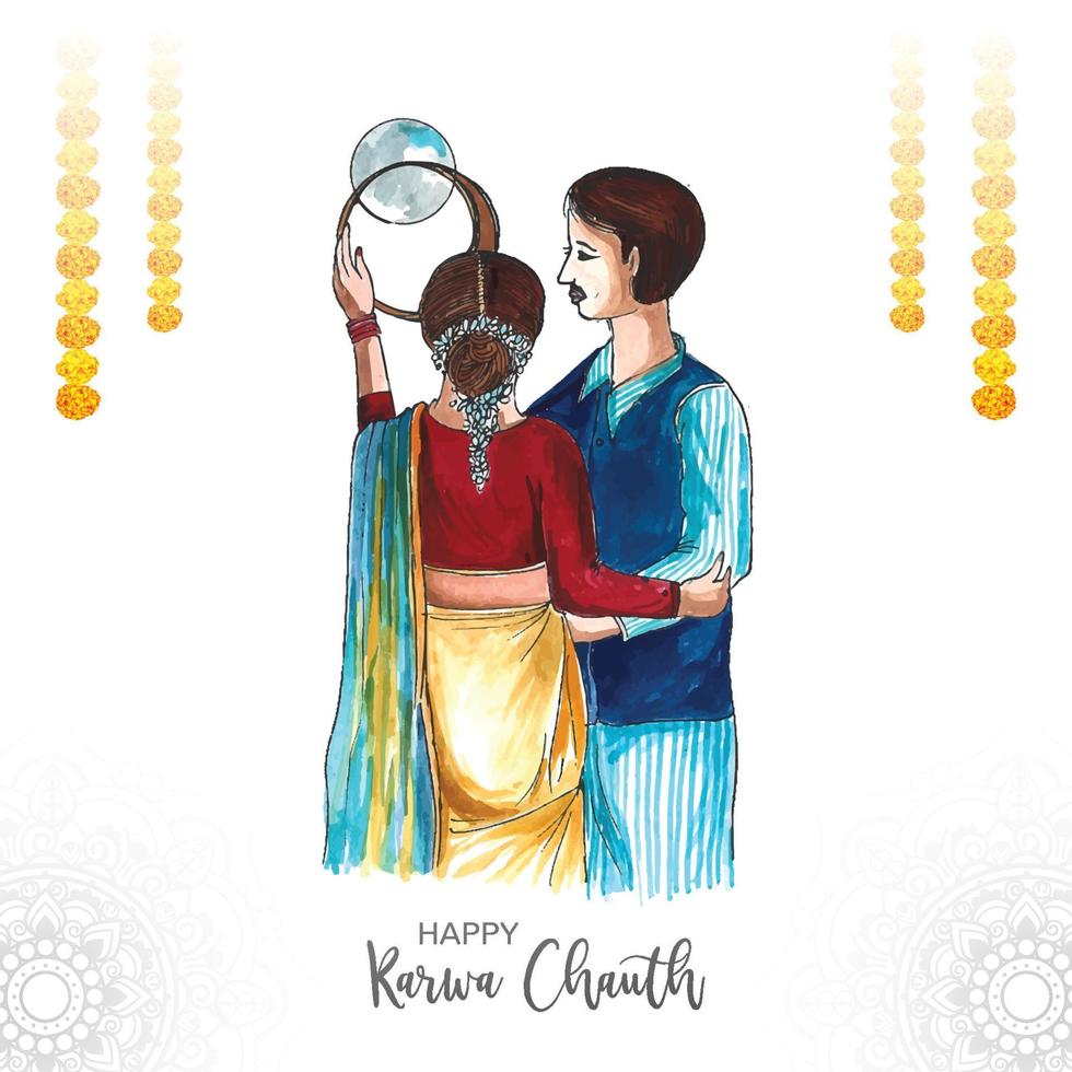 Karwa chauth festival card with indian copule celebration card background vector