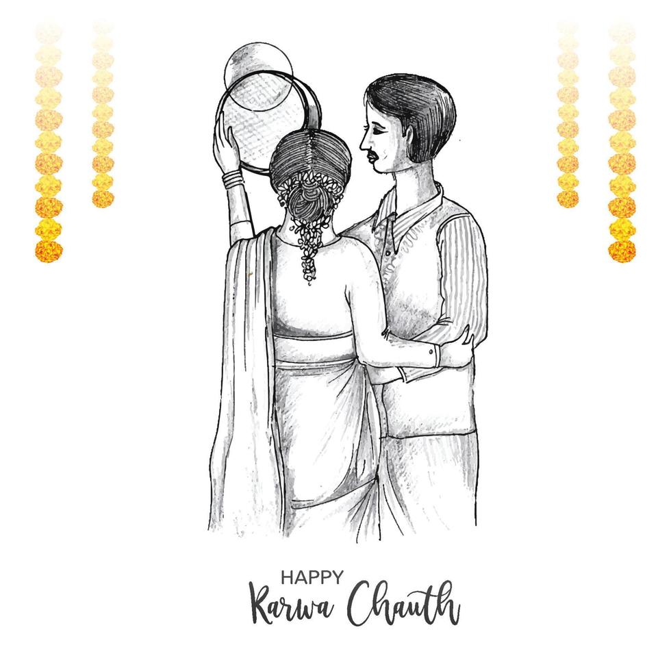 Karwa chauth festival card with indian copule sketch background vector