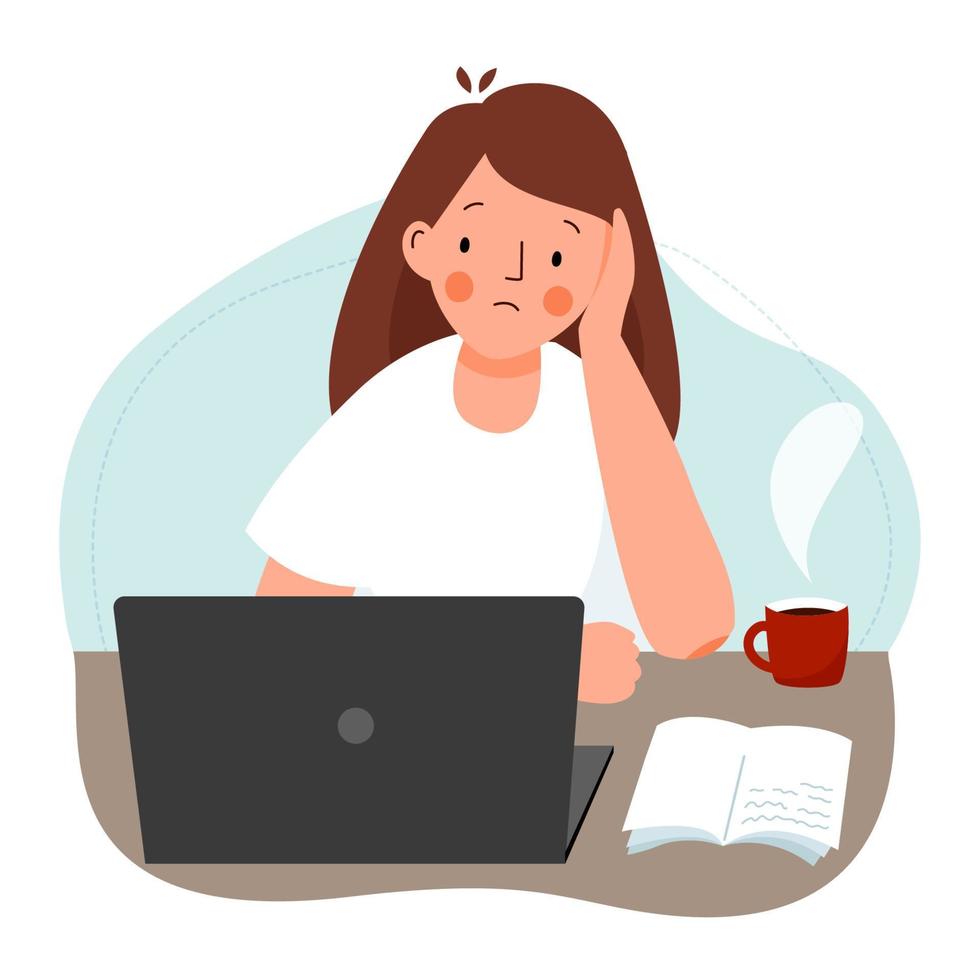 The school girl with laptop does difficult homework. The student with notebook is engaged, learning difficulties. Vector flat illustration. Vector illustration