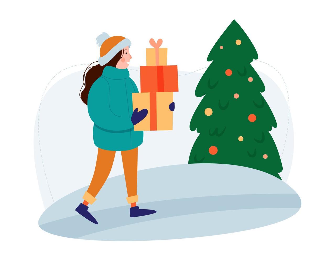 The girl carries gifts for Christmas. A woman walks with presents in her hands. Winter Christmas scene with Christmas tree and gifts. Vector flat illustration.