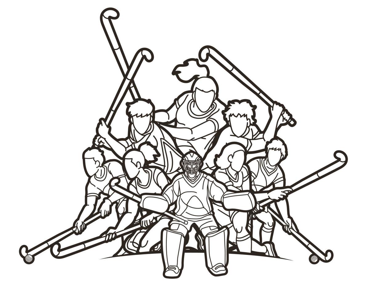 outline Group of Field Hockey Sport Male and Female Players Action Together vector