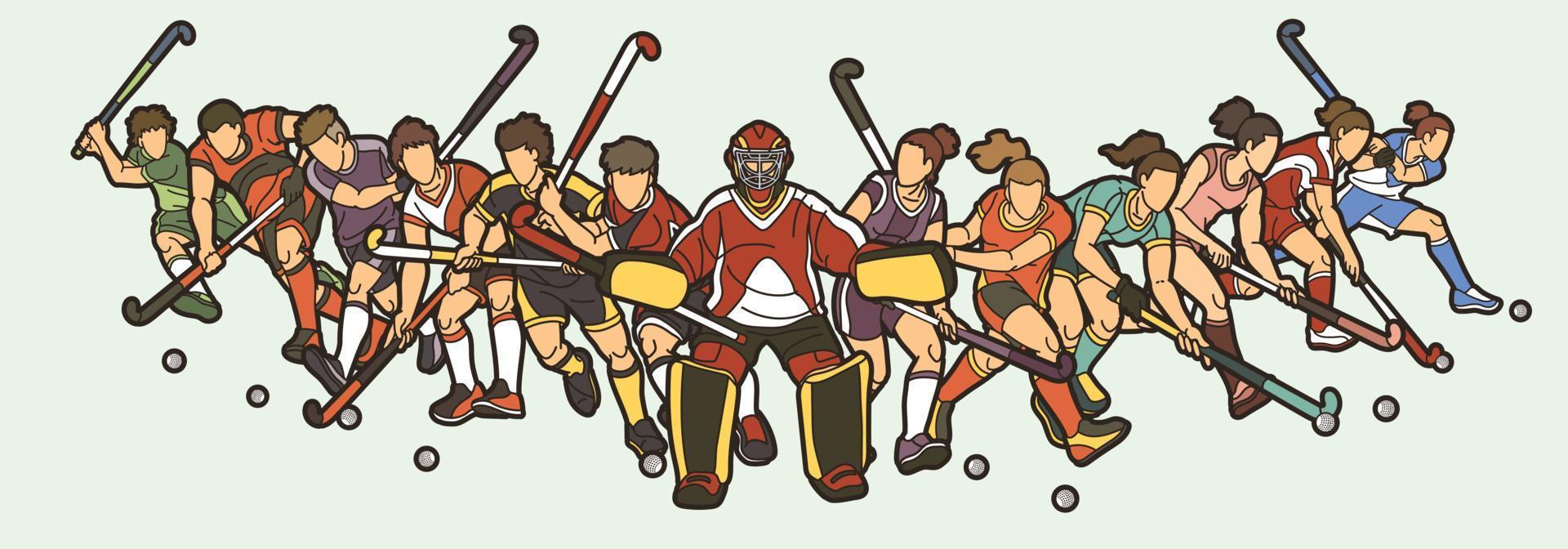 grupo de jugadores masculinos y femeninos de hockey sobre césped acción juntos vector gráfico de dibujos animados