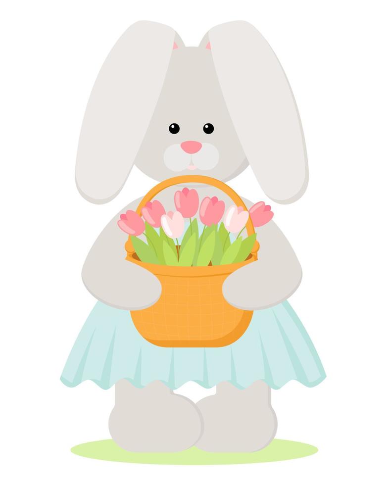 el conejito de pascua sostiene una canasta de tulipanes. ilustración vectorial del lindo personaje de conejito plano aislado en fondo blanco. diseñado para folleto, pegatina, postal, afiche vector