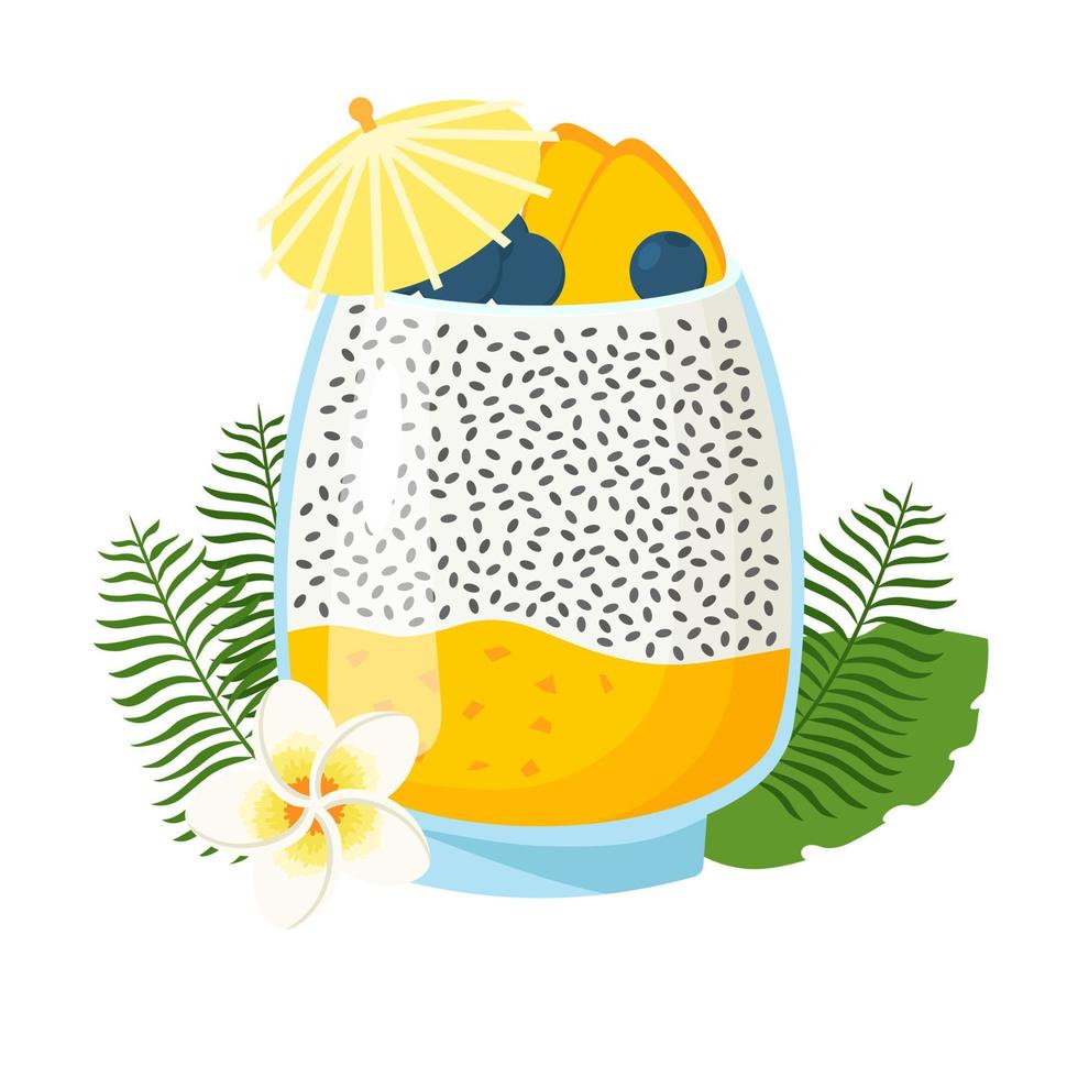 Chia seed pudding with mango, berries and tropical leaves. Vector illustration isolated on white background. The concept of a healthy Breakfast. Vegan or vegetarian food