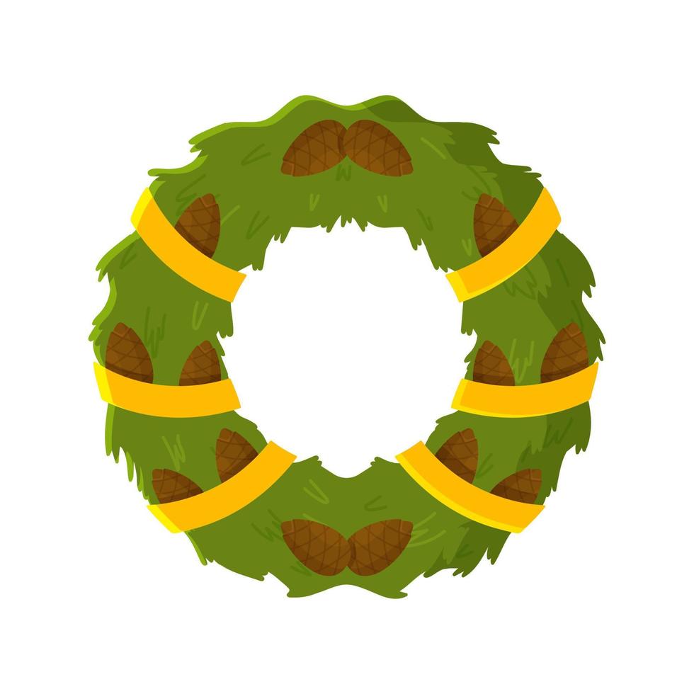 Vector illustration of pinecone wreath. Beautiful green wreath with brown cones.