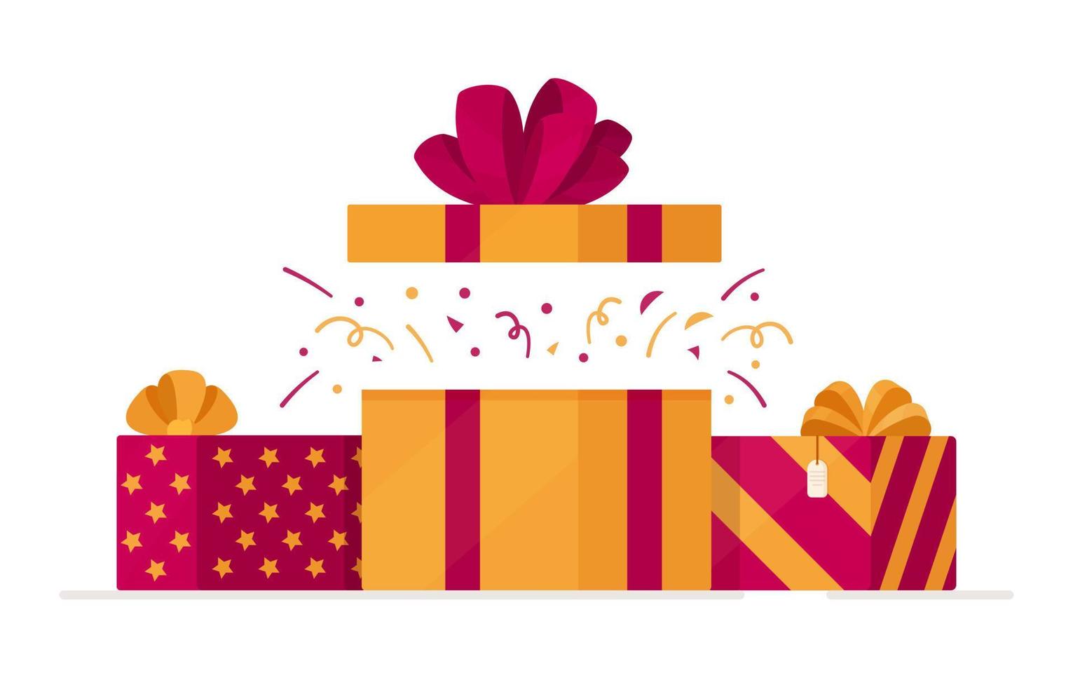 Vector illustration of the present concept. Candy spilling out of the box. Fireworks. New Year and Christmas gifts.