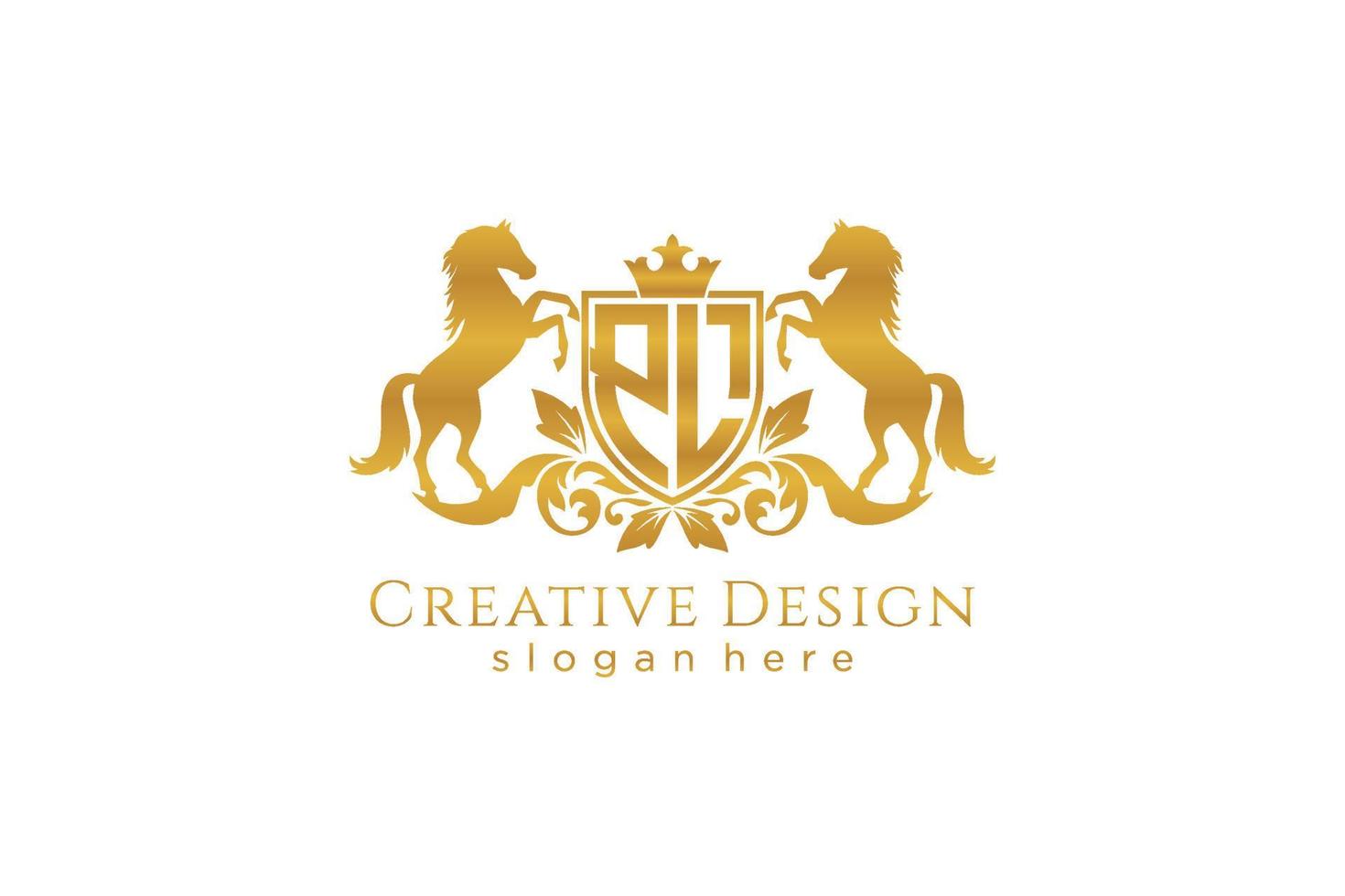 initial PL Retro golden crest with shield and two horses, badge template with scrolls and royal crown - perfect for luxurious branding projects vector