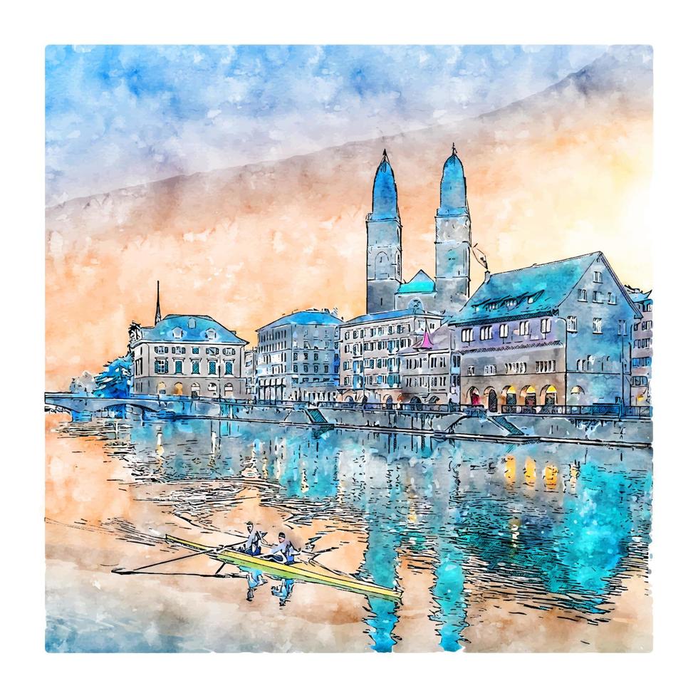 Zurich Switzerland Watercolor sketch hand drawn illustration vector