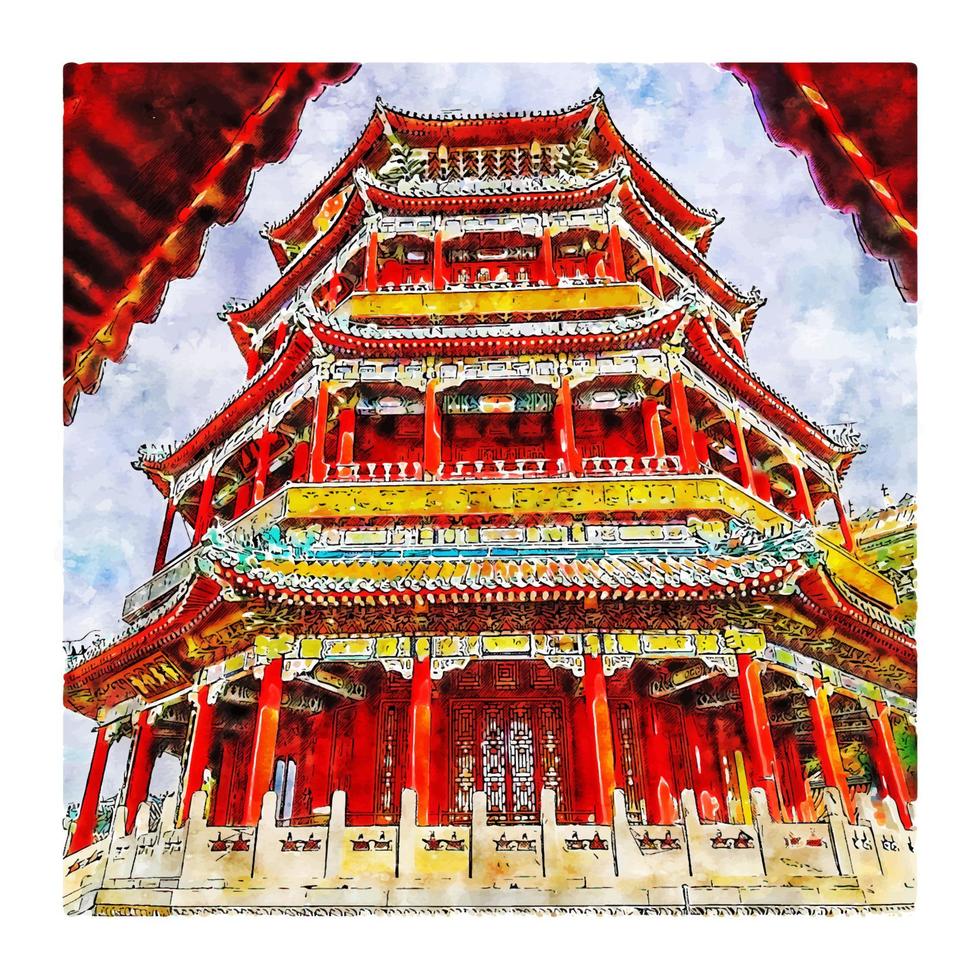 Beijing China Watercolor sketch hand drawn illustration vector