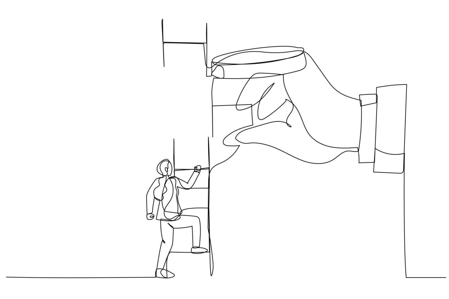 Illustration of businesswoman climbing up to top of broken ladder with huge helping hand to connect to reach higher. Single line art style vector