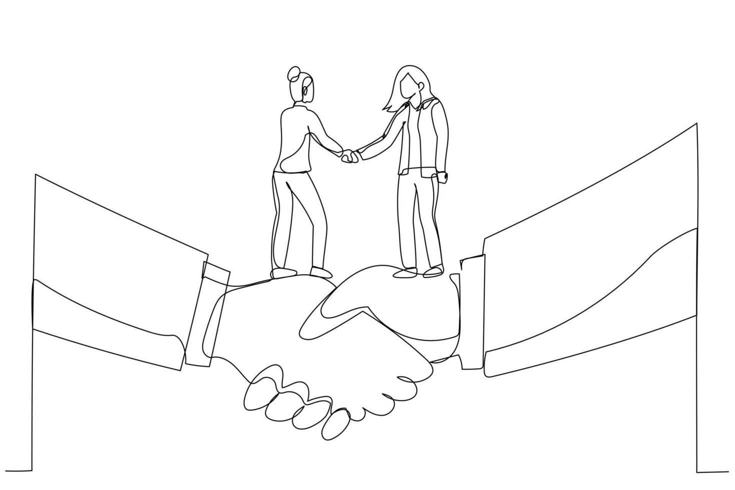 Cartoon of businesswoman shaking hands and making deal standing on giant hand. Metaphor for small and big business. One line art style vector