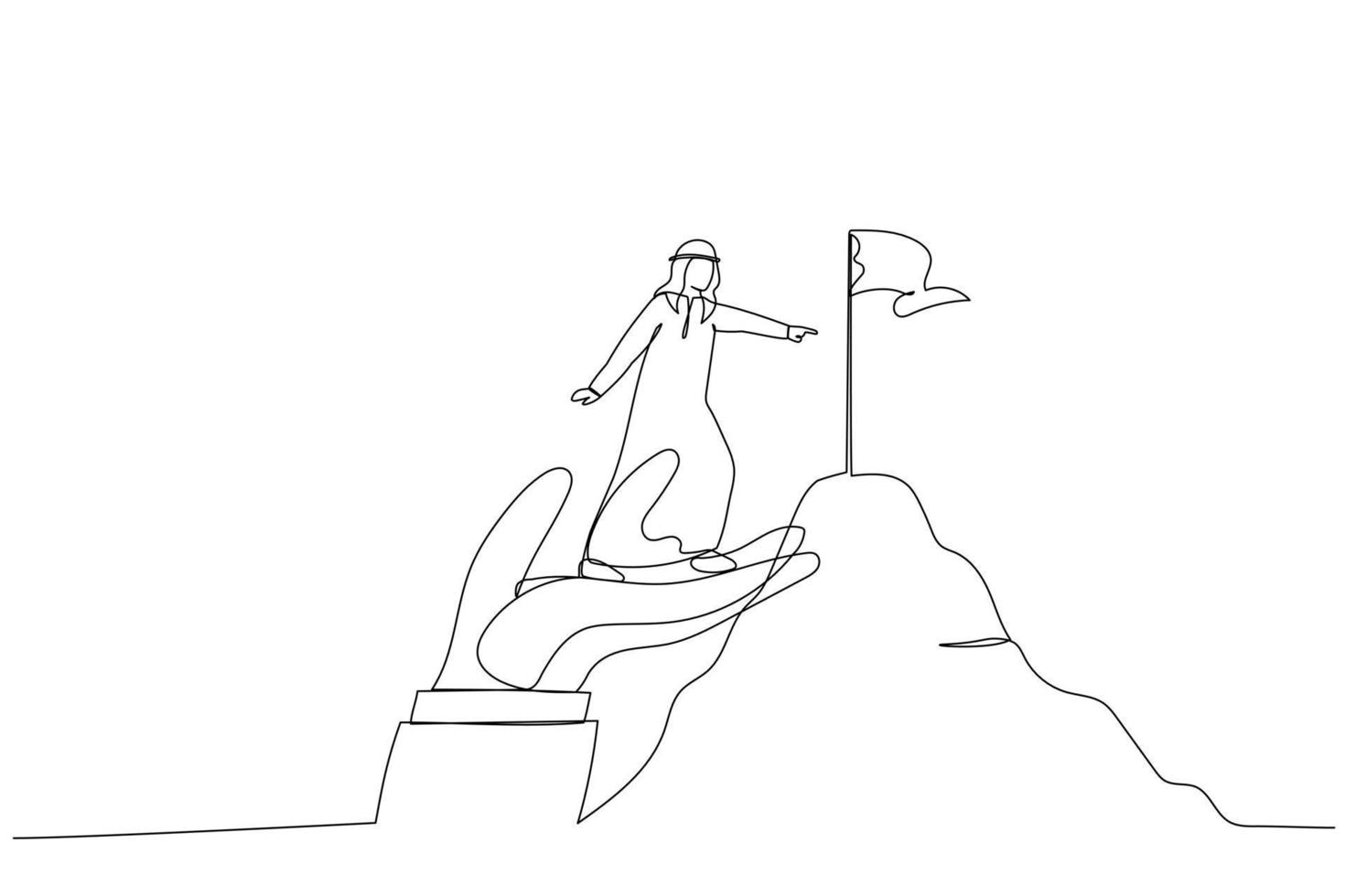 Illustration of arabian businessman stand on giant helping hand to reach mountain peak target flag.  One continuous line art style vector