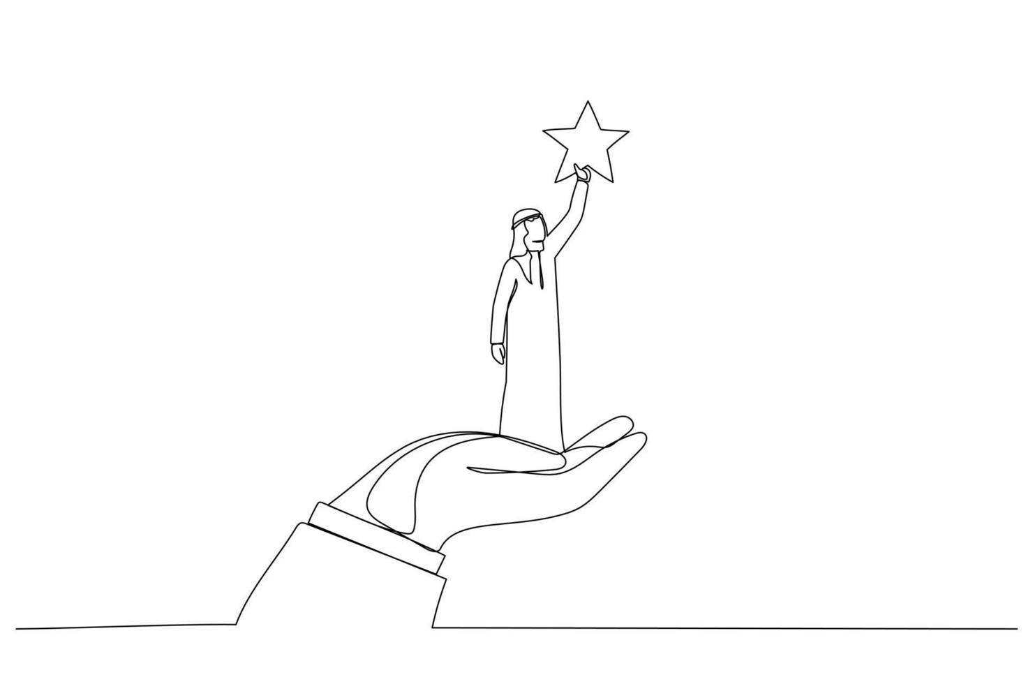 Drawing of giant hand helping a arab businessman to reach out for the stars. Single line art style vector