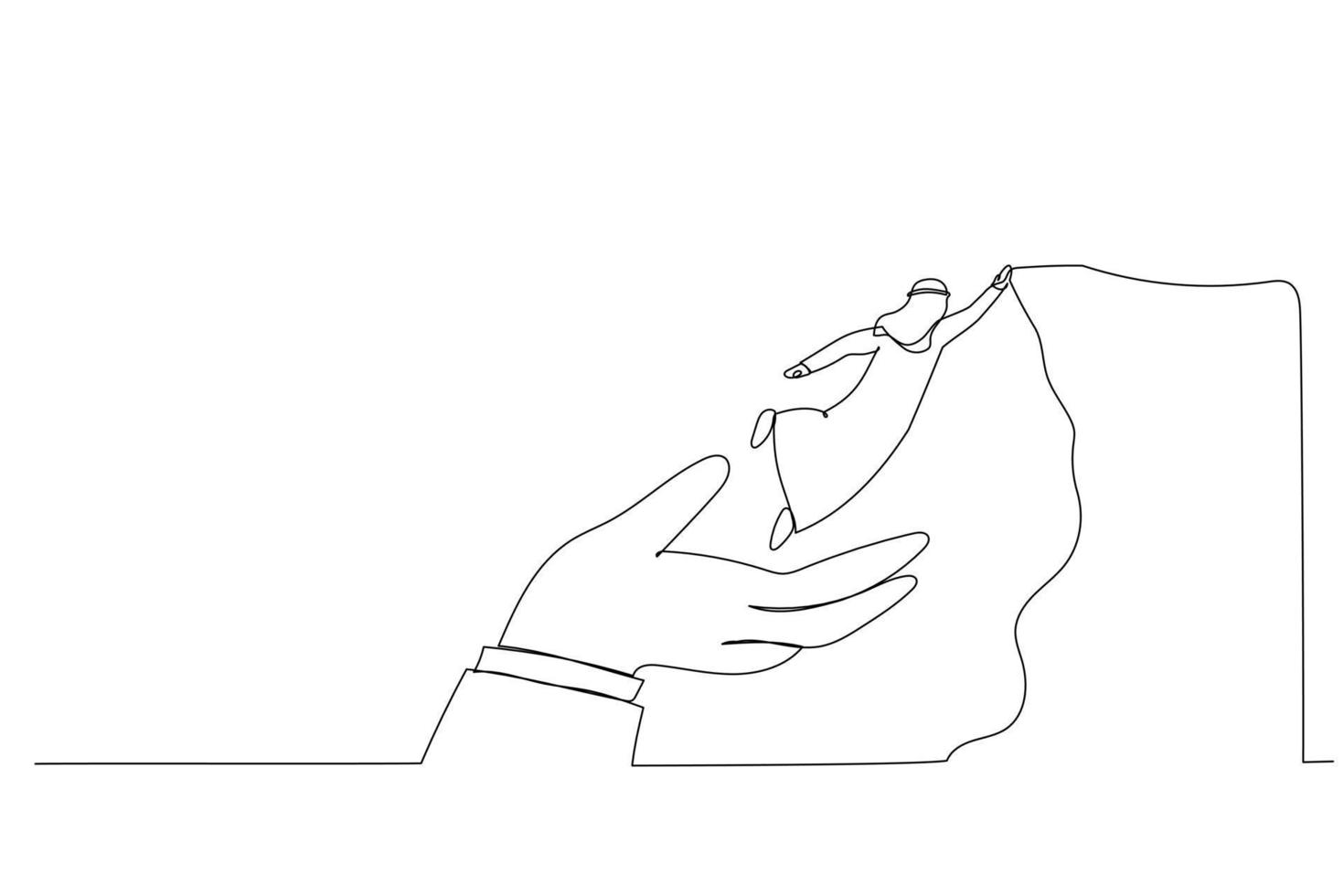 Cartoon of confidence arab businessman jumping from helping giant hand to reach cliff target. Metaphor for business support to success. Single continuous line art style vector