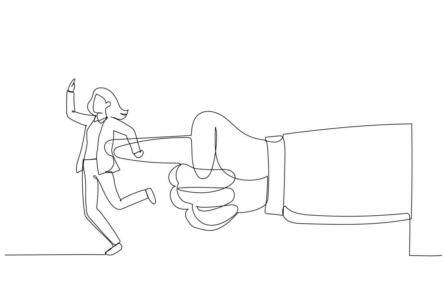 Illustration of giant hand pushing businesswoman. Metaphor for giving the push at work. Single line art style vector