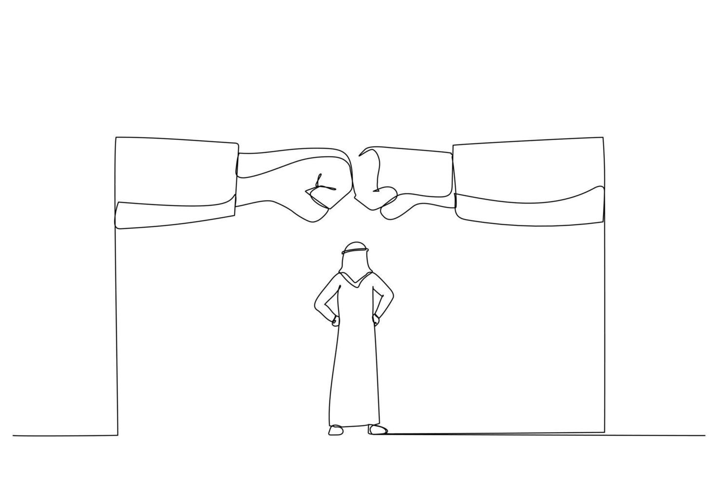 ilustración de un hombre de negocios árabe viendo dos puños gigantes enfrentados. estilo de arte de una línea vector