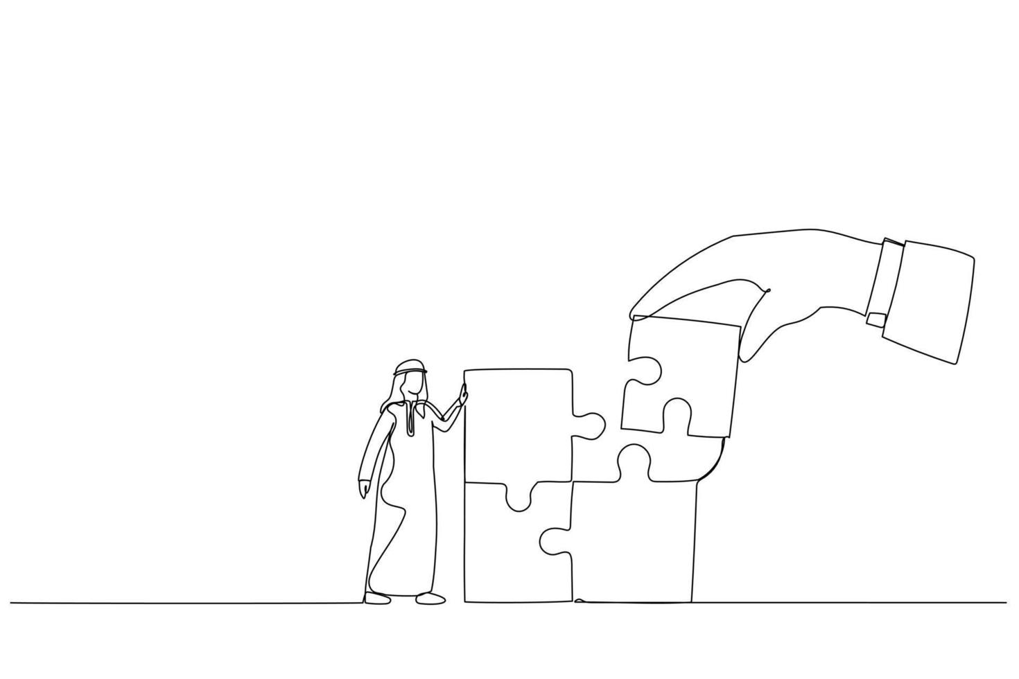 Drawing of giant hand connect last jigsaw puzzle to office arab worker. Metaphor for team building, leadership, teamwork, business partner. Single line art style vector