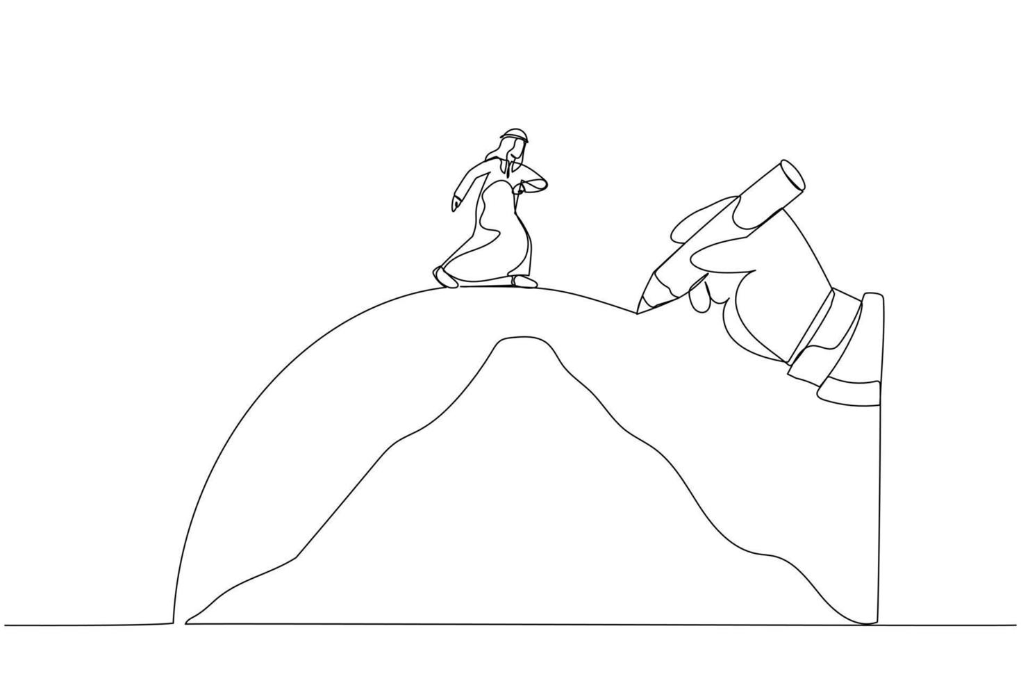 Drawing of giant hand draws a path to help the arab businessman cross the mountains, metaphor for conquering adversity. One line style art vector