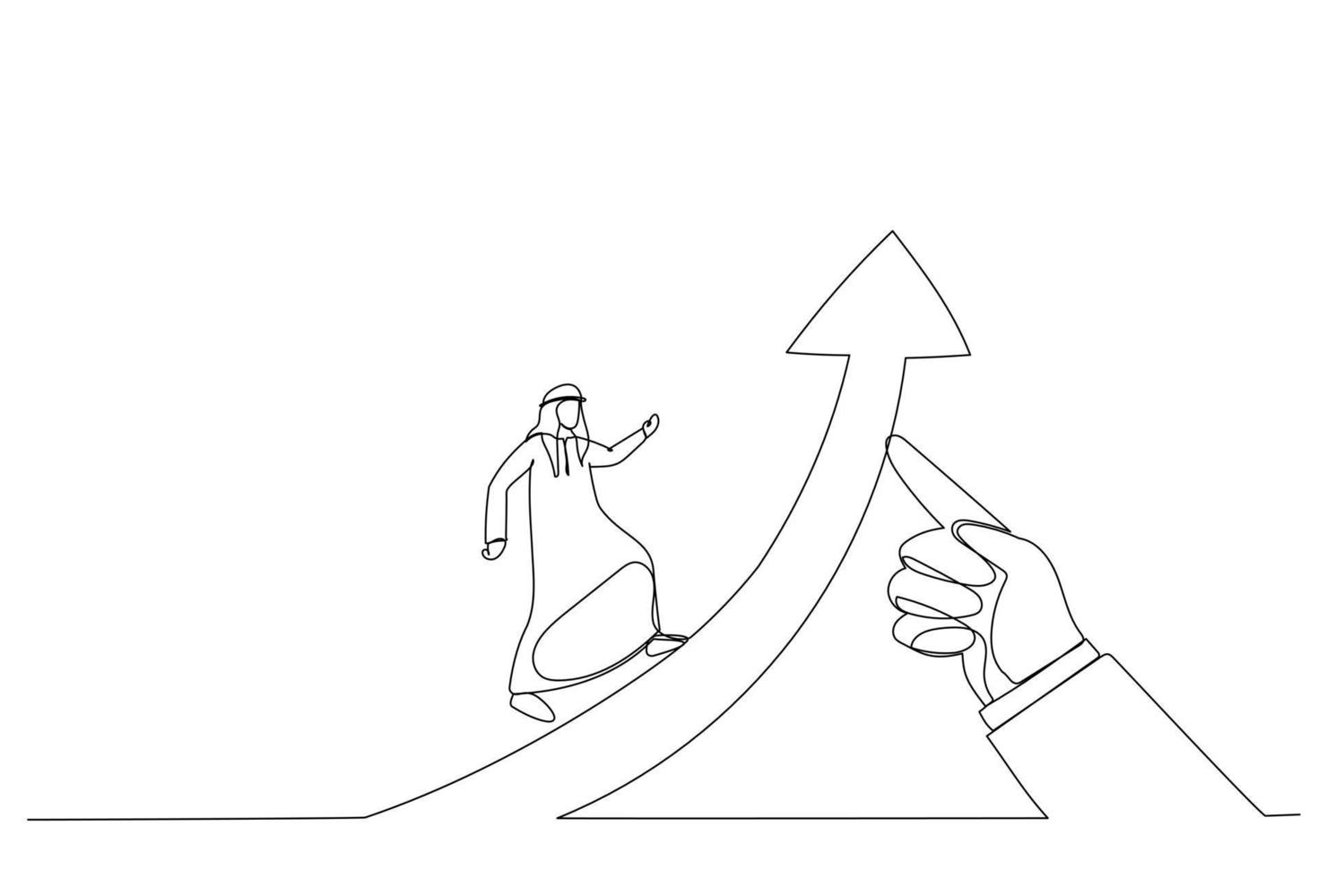 Cartoon of arab businessman running on arrow of success raised by giant hand of leader. Metaphor for business success. Single continuous line art style vector