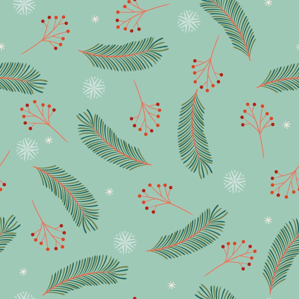 Seamless Christmas pattern with berries, snowflakes and fir branches. Vector graphics.