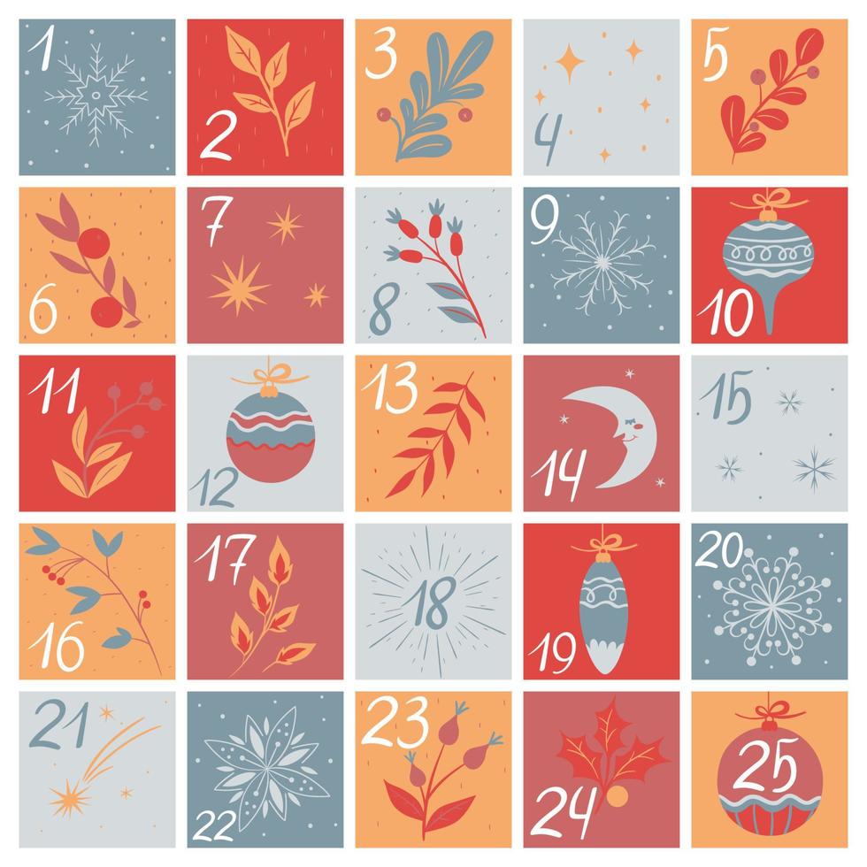 calendario de adviento de navidad con elementos dibujados a mano. gráficos vectoriales vector