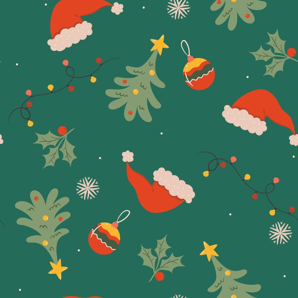 Christmas pattern with hats, balls, fir trees, garlands, snowflakes. Vector graphics.