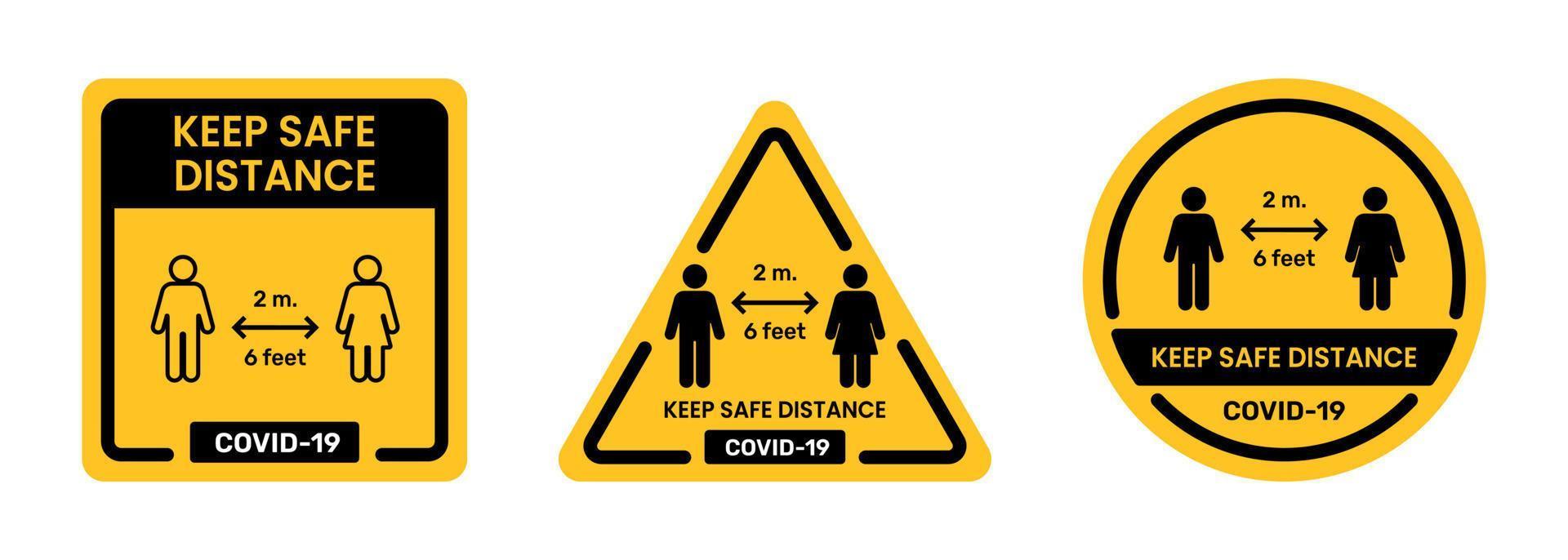 Keep a safe distance and stop covid-19 sign icon. Public warning sticker for sticking on glass, wall, and table. Triangle, square, circle sticker vector
