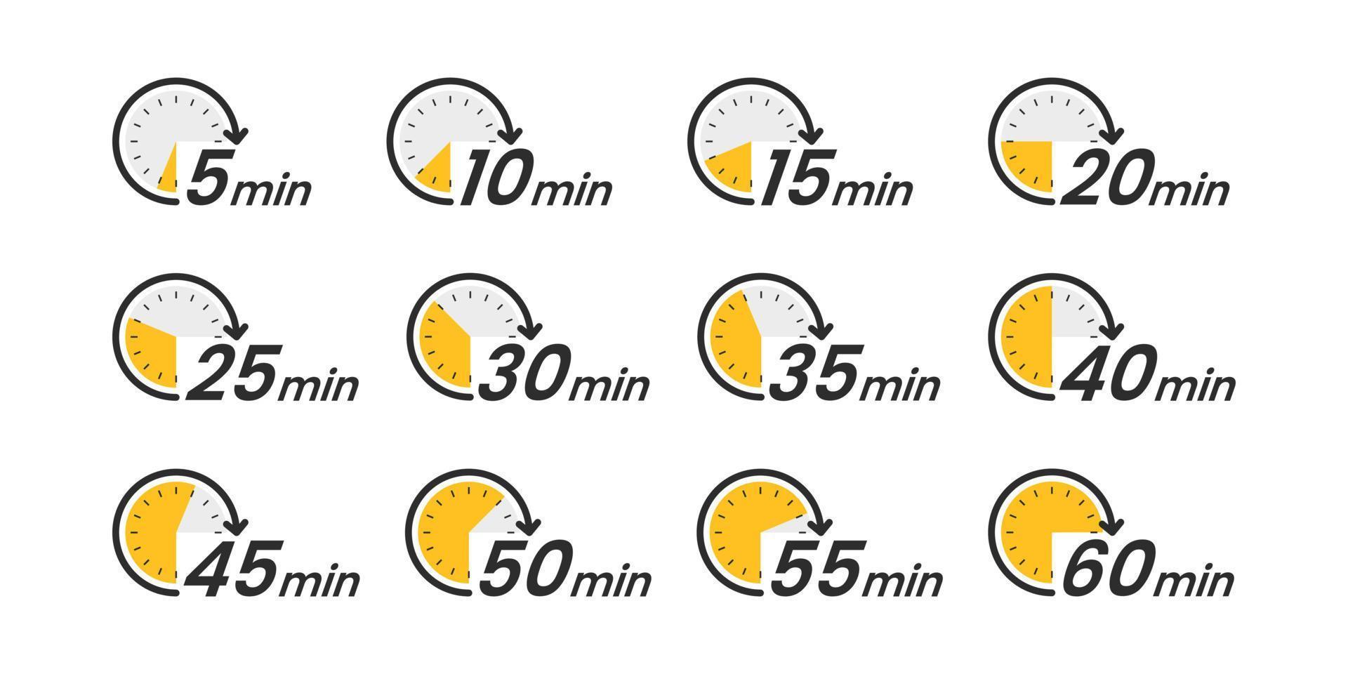 Set of stopwatches. The stopwatch is counting down to every 5 minutes. arrow, yellow vector