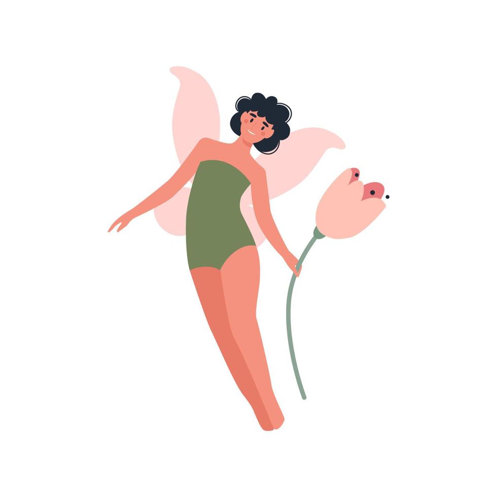 Fairy with a flower in her hands. Mythical fairy tale character. Flat vector illustration.