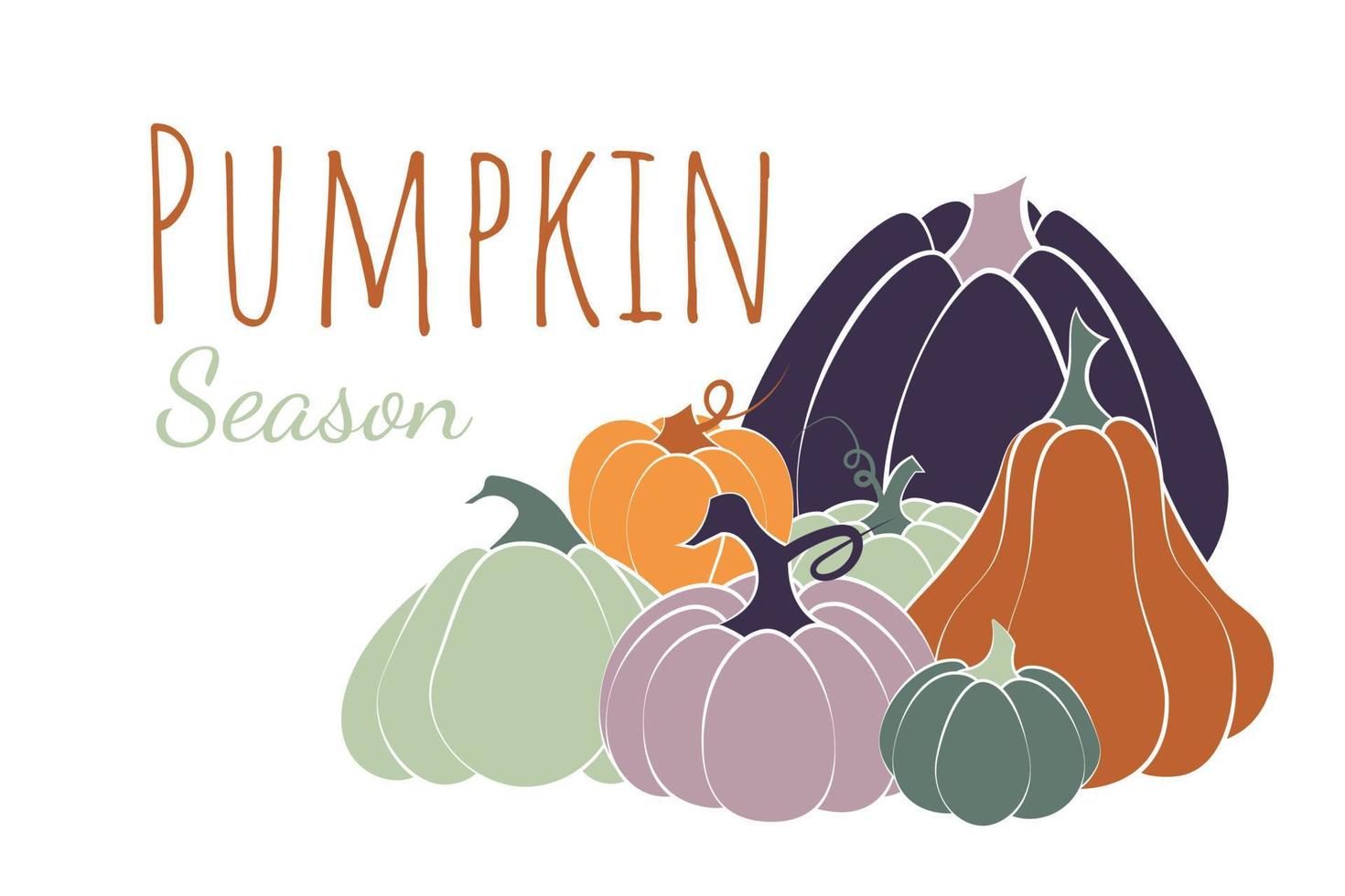 Hello Pumpkin Season. Retro autumn design with text, pumpkins and leaves. Vector fall season illustration.  Horizontal banner