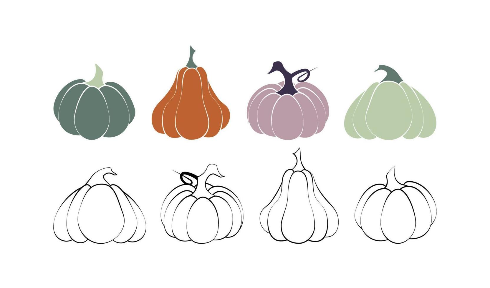 un conjunto de calabazas en varias formas, delineadas en negro y coloreadas. colección de vectores de lindas calabazas dibujadas a mano sobre fondo blanco. elementos para el diseño decorativo de otoño, invitación de halloween, cosecha