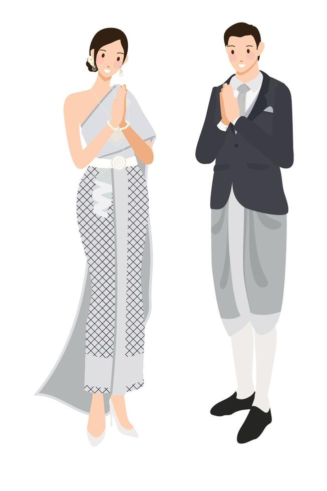 Thai wedding couple greeting in traditional dress vector