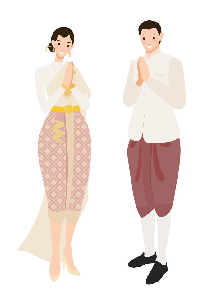 Saludo de pareja de bodas tailandesas en vestido tradicional vector