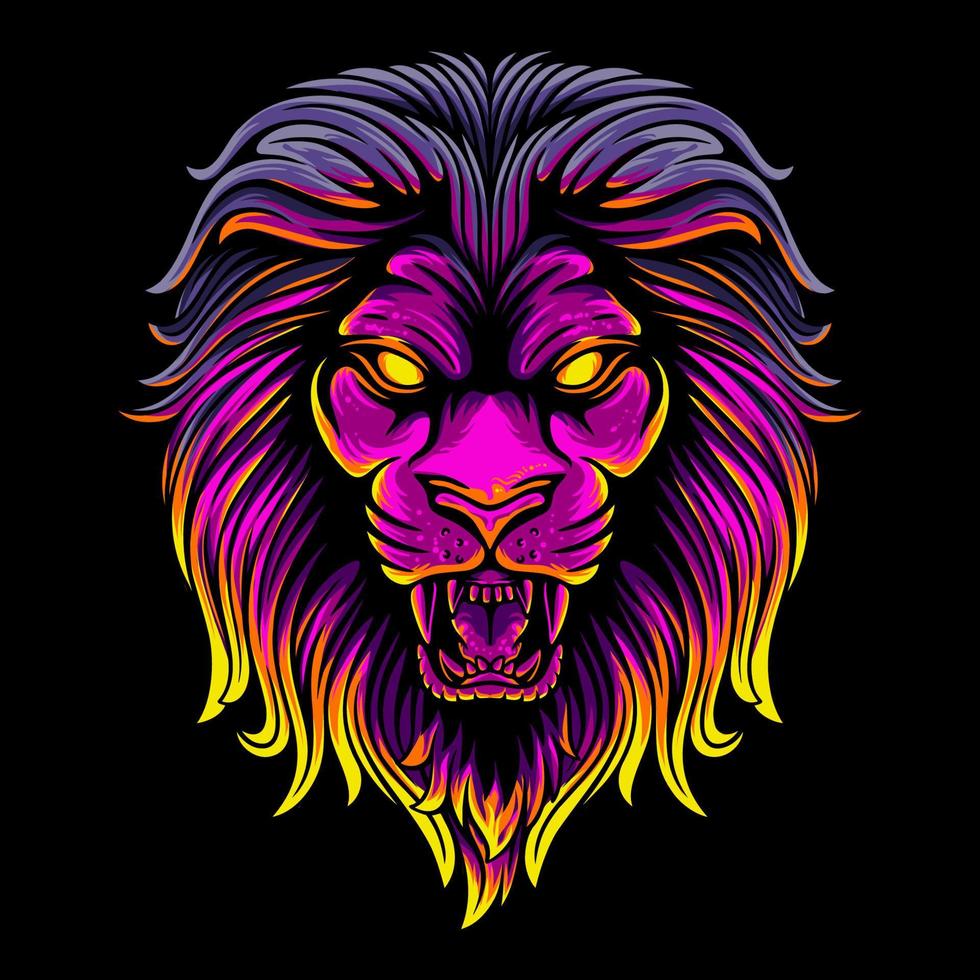 Vector Illustration Colorful Front View of a Lion's Head With a Growl Pose Vintage Illustration