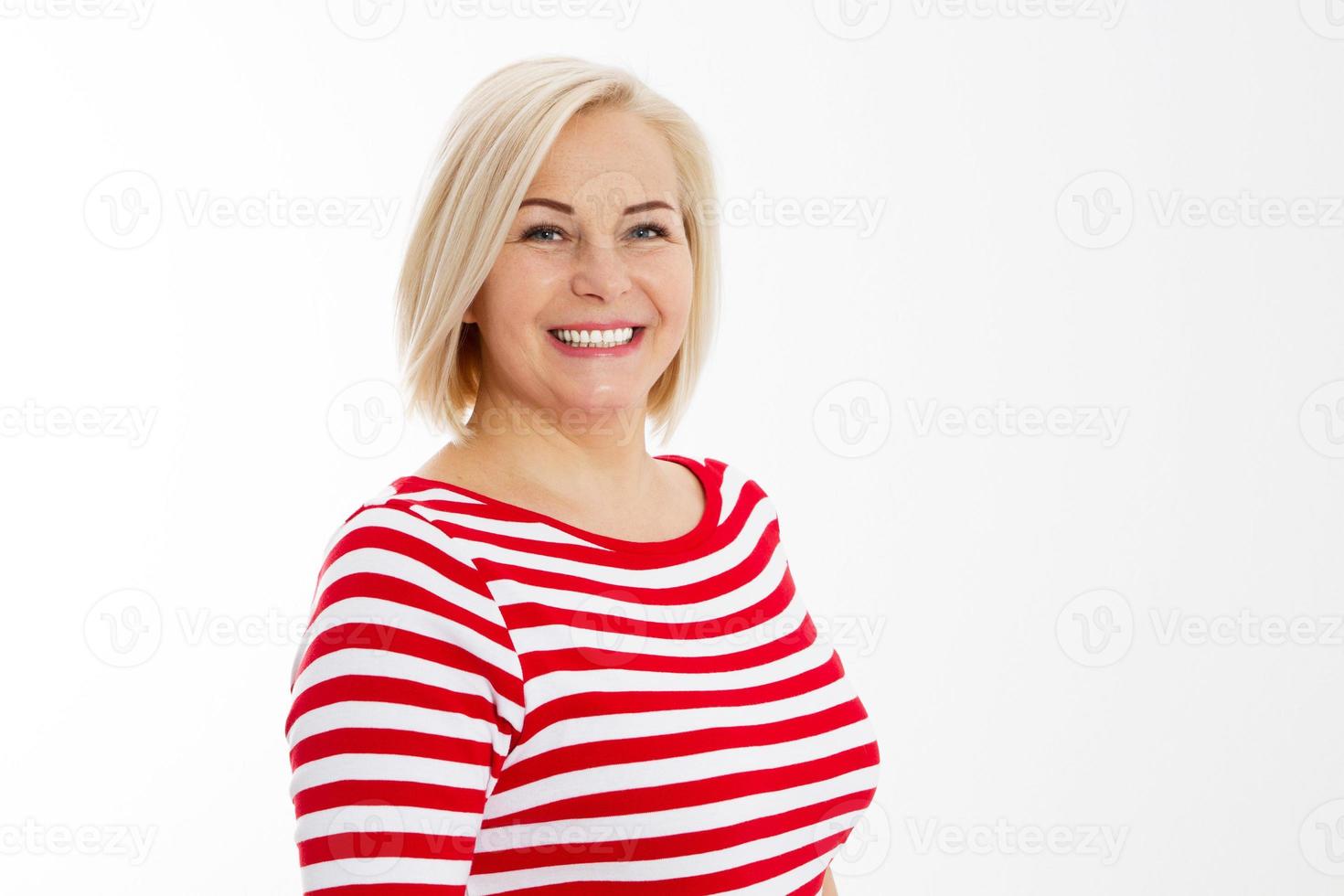 Happy female face portrait closeup isolated copy space, smile woman blond photo