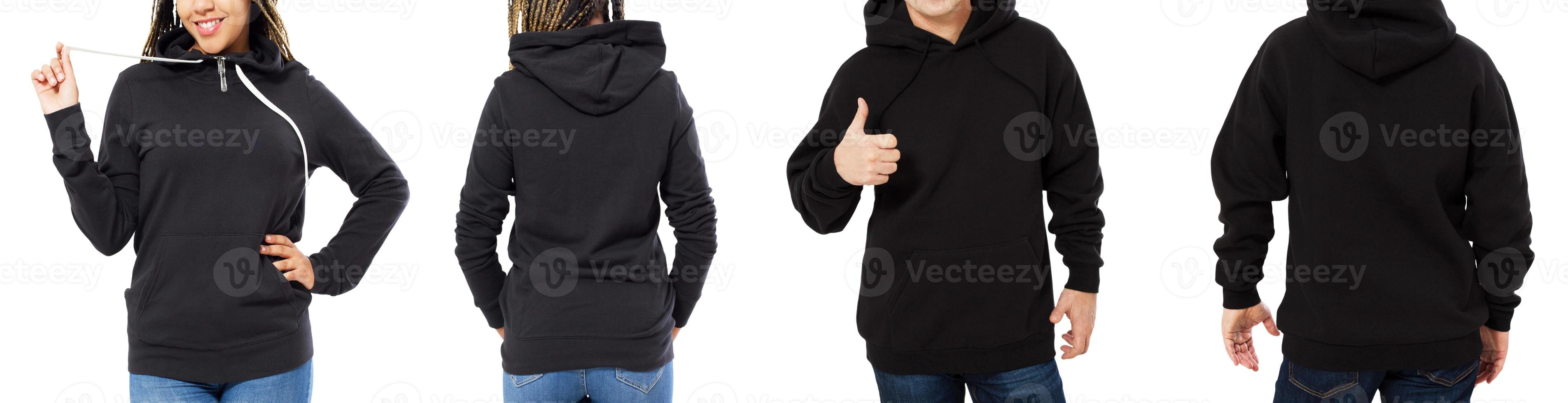 Vista delantera trasera y trasera de sudadera negra. hermoso cuerpo negro femenino y masculino en ropa de plantilla para espacio de impresión y copia aislado en fondo blanco. Bosquejo foto