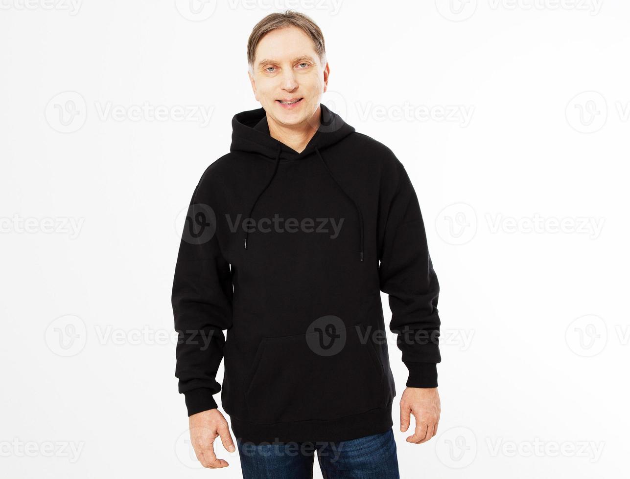 happy man in a black hoodie isolated on white background mock up - front view photo