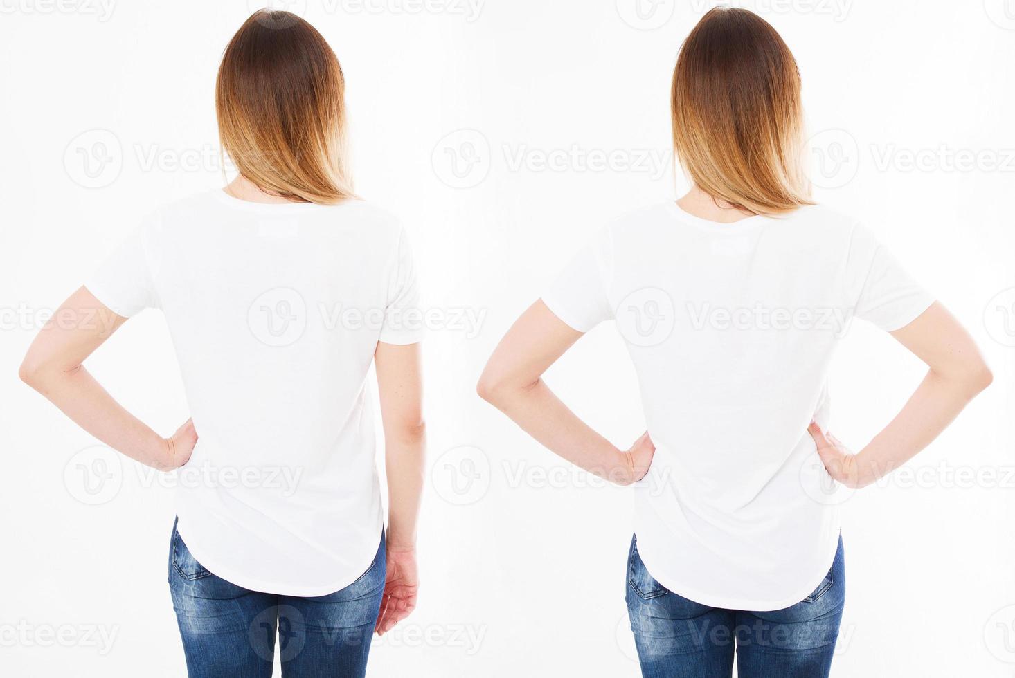 back views two woman t shirt isolated on white background,girl in t-shirt mock up photo