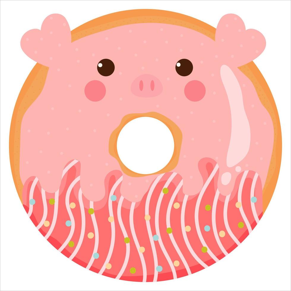 Cute pig with face donut with pink glaze, tasty sweets for kids in cartoon childish style isolated on white background vector