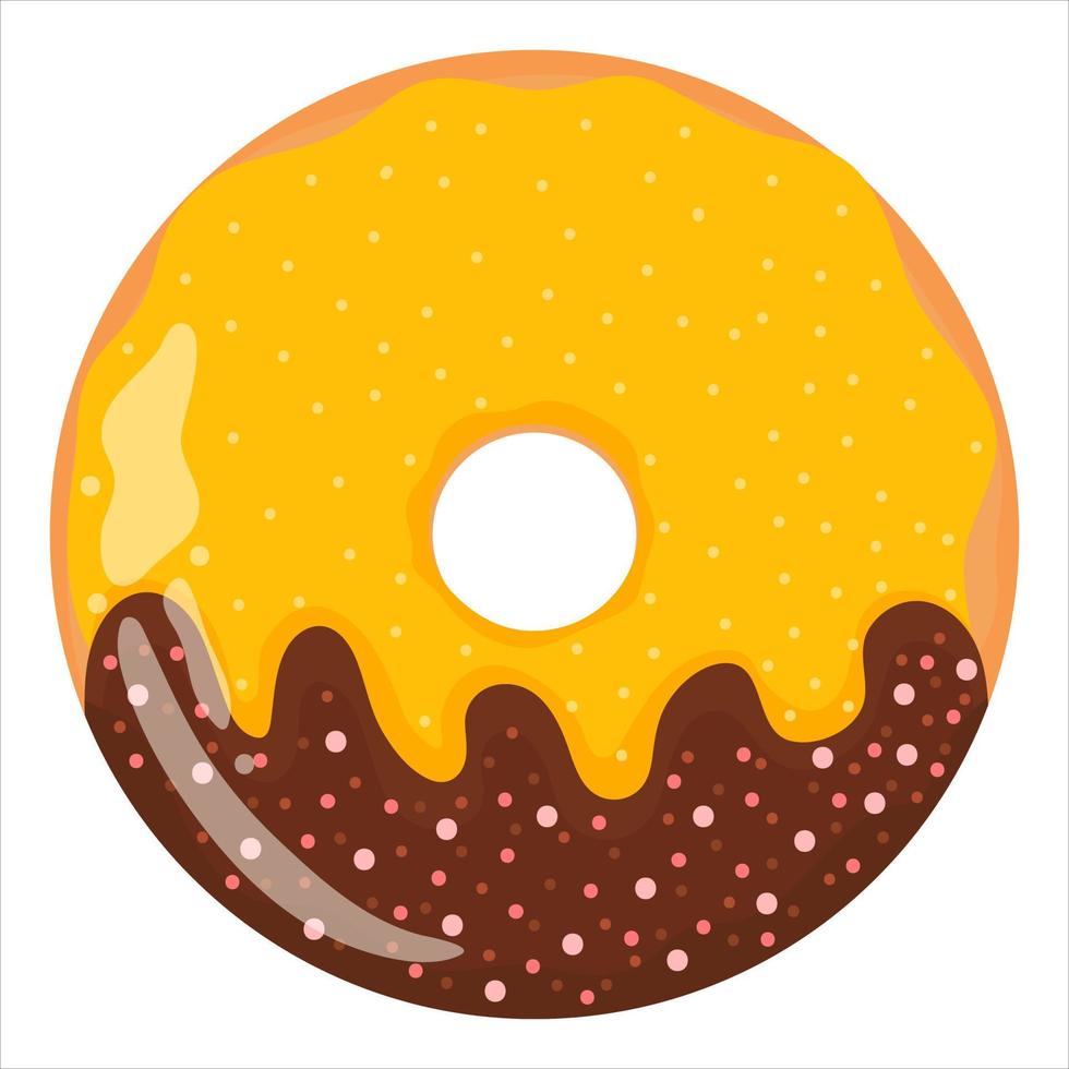 Tasty donut with yellow and chocolate glaze, delicious sweets for kids in cartoon childish style isolated vector
