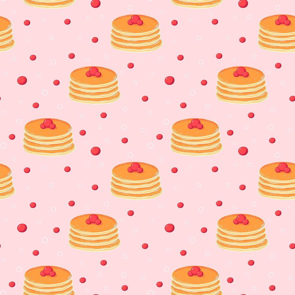 Stack of pancakes on plate pattern with berries on pink background, cute food ornament for menu design vector