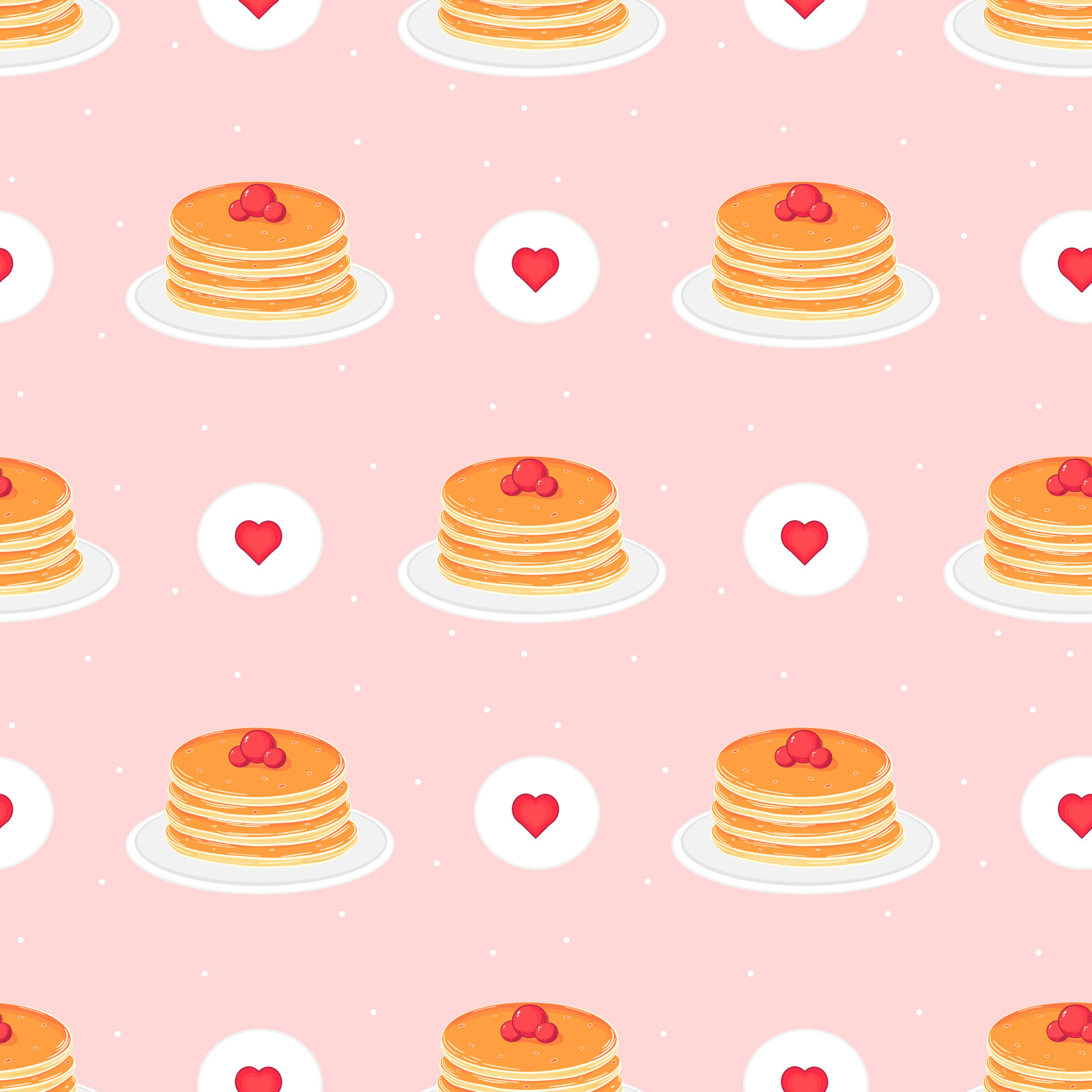 Stack of pancakes with berries on plate pattern with hearts on pink