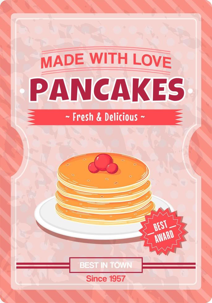 Vintage poster for breakfast with delicious stack of pancakes on pink